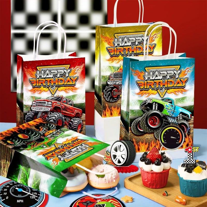 JOYGATHER 24 Pcs Monster-Truck Party Favor Bags with Handles - Racing Truck Goodie Bags Gift Bags. Checkered Theme Candy Bags for Kids, Kraft Paper Bags for Birthday Party Supplies Decorations - Image 4